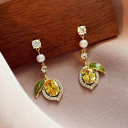 1 Pair Casual Elegant Sweet Fruit Pearl Inlay Alloy Rhinestones Drop Earrings