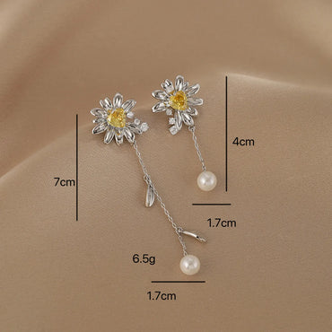 1 Pair Casual Elegant Sweet Heart Shape Flower Pearl Inlay Alloy Rhinestones Drop Earrings