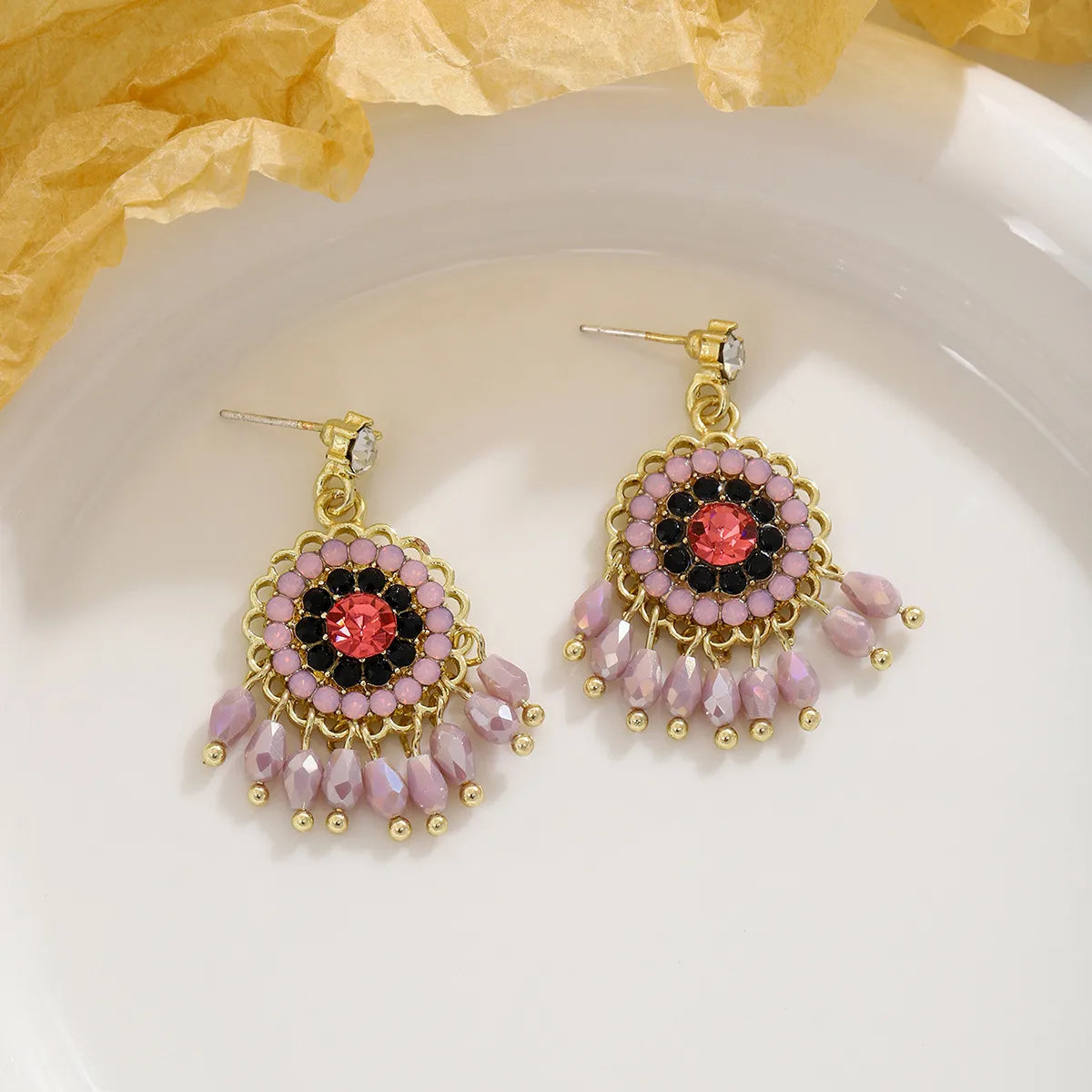 1 Pair Casual Ethnic Style Geometric Beaded Inlay Zinc Alloy Rhinestones Drop Earrings