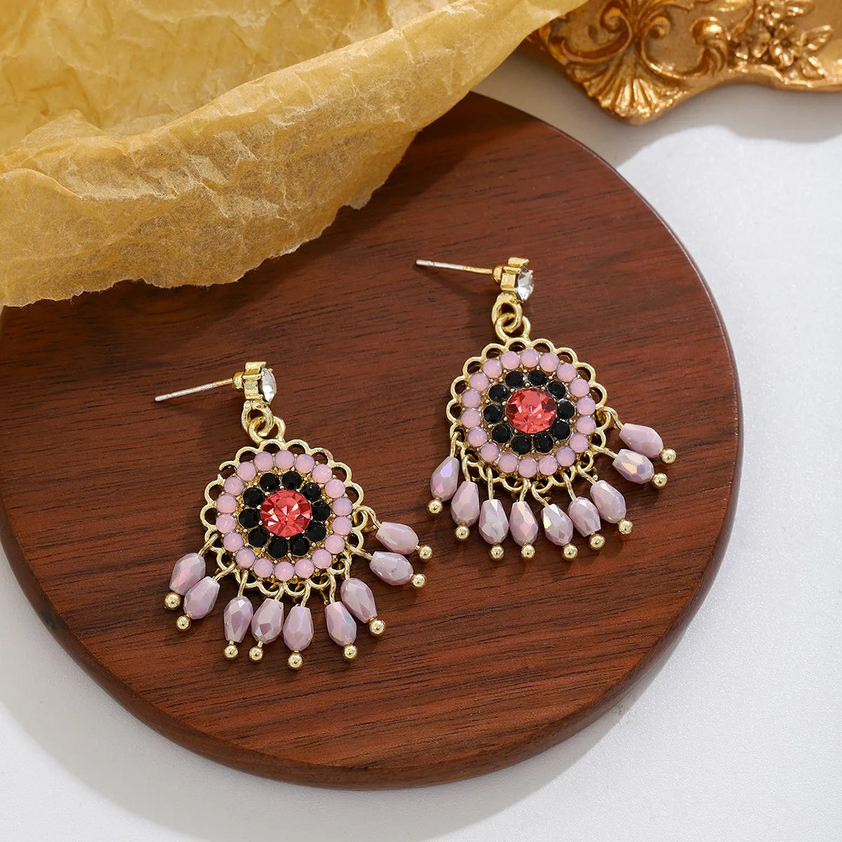 1 Pair Casual Ethnic Style Geometric Beaded Inlay Zinc Alloy Rhinestones Drop Earrings