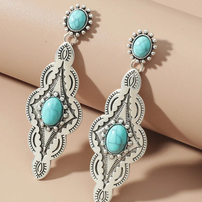 1 Pair Casual Ethnic Style Oval Plating Inlay Alloy Turquoise Drop Earrings