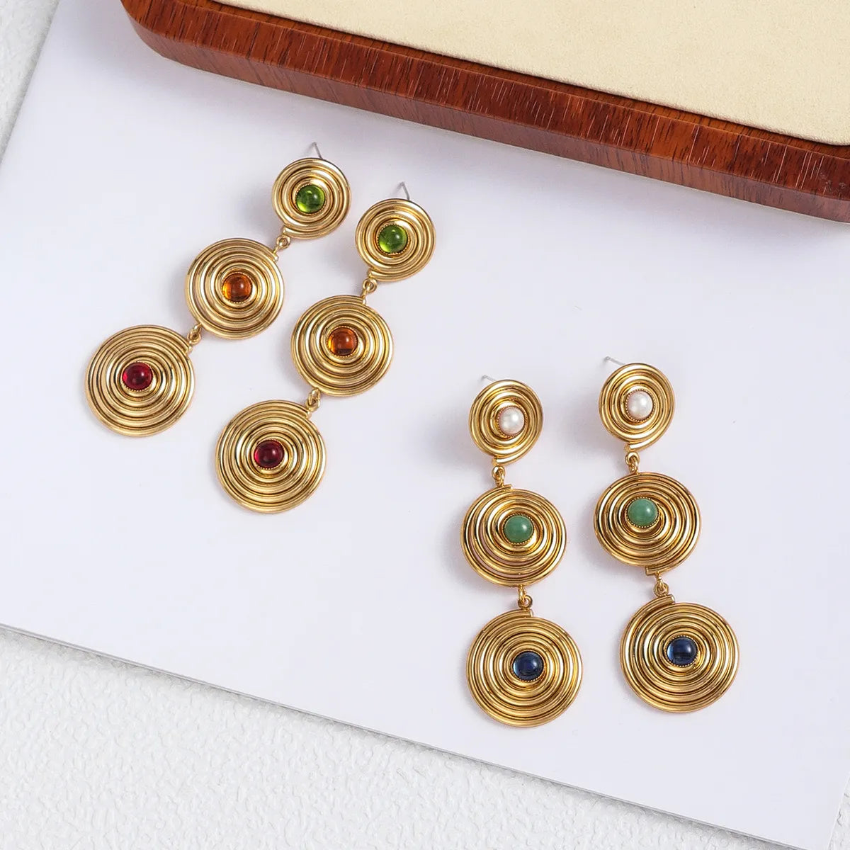 1 Pair Casual Ethnic Style Round Inlay Iron Artificial Gemstones Drop Earrings