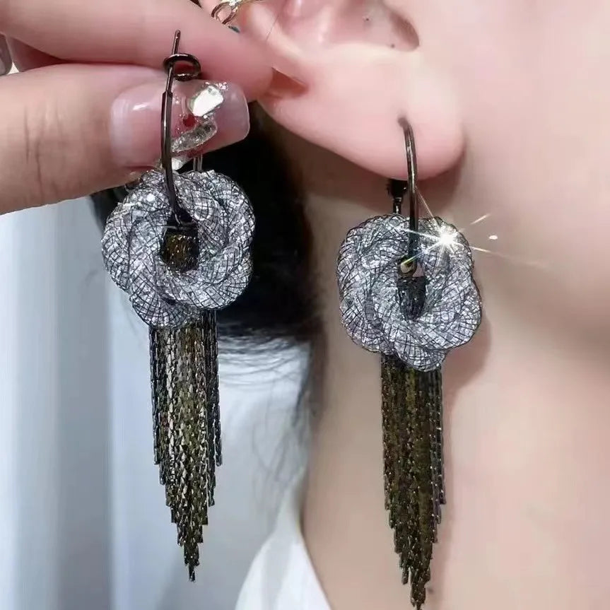 1 Pair Casual Exaggerated Tassel Flower Plating Inlay Alloy Rhinestones Drop Earrings