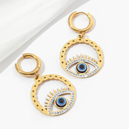 1 Pair Casual Eye Polishing Plating Inlay 201 Stainless Steel Rhinestones 18K Gold Plated Drop Earrings