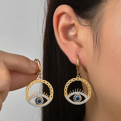 1 Pair Casual Eye Polishing Plating Inlay 201 Stainless Steel Rhinestones 18K Gold Plated Drop Earrings