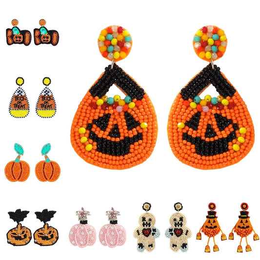 1 Pair Casual Funny Pumpkin Emoji Face Beaded Plastic Resin Drop Earrings