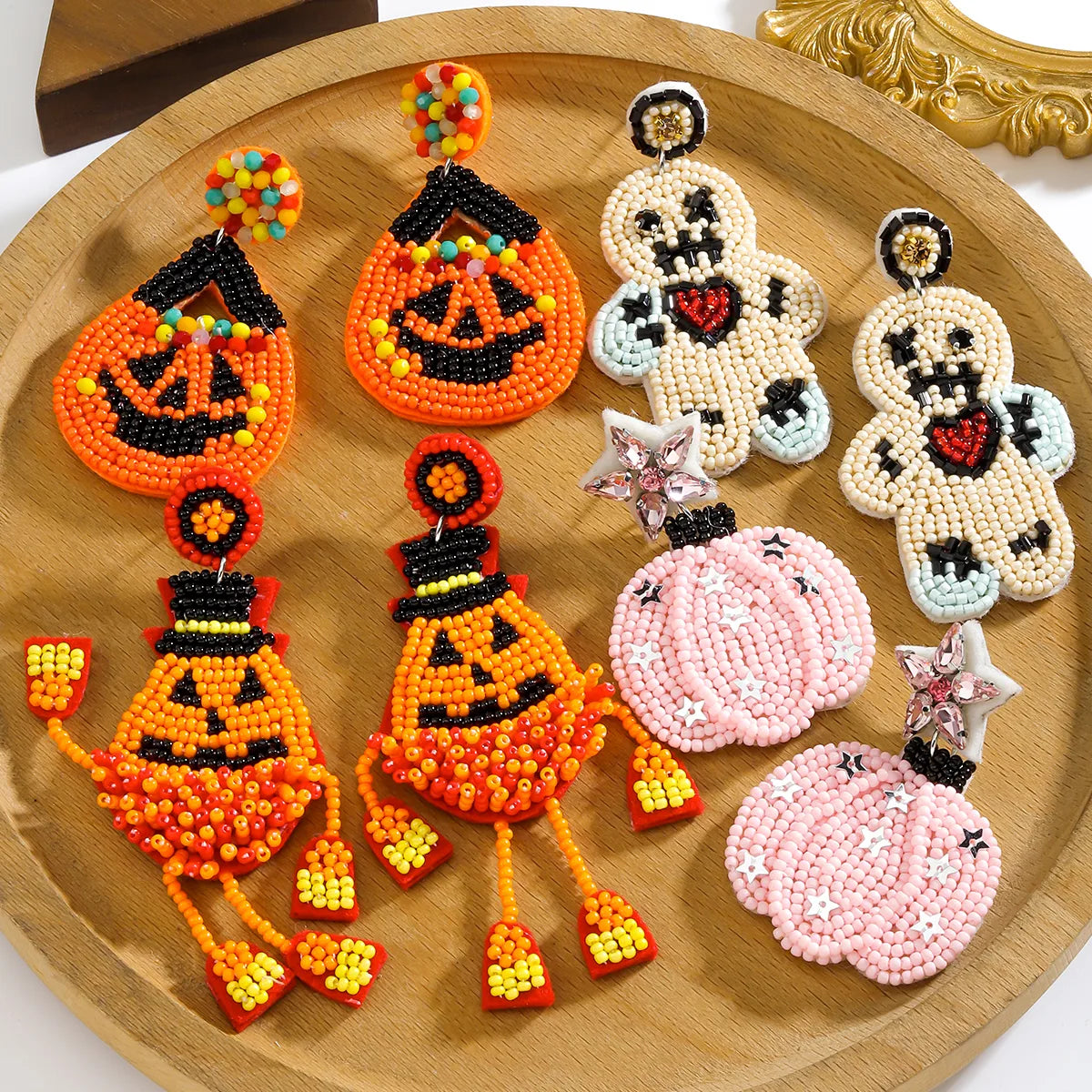 1 Pair Casual Funny Pumpkin Emoji Face Beaded Plastic Resin Drop Earrings