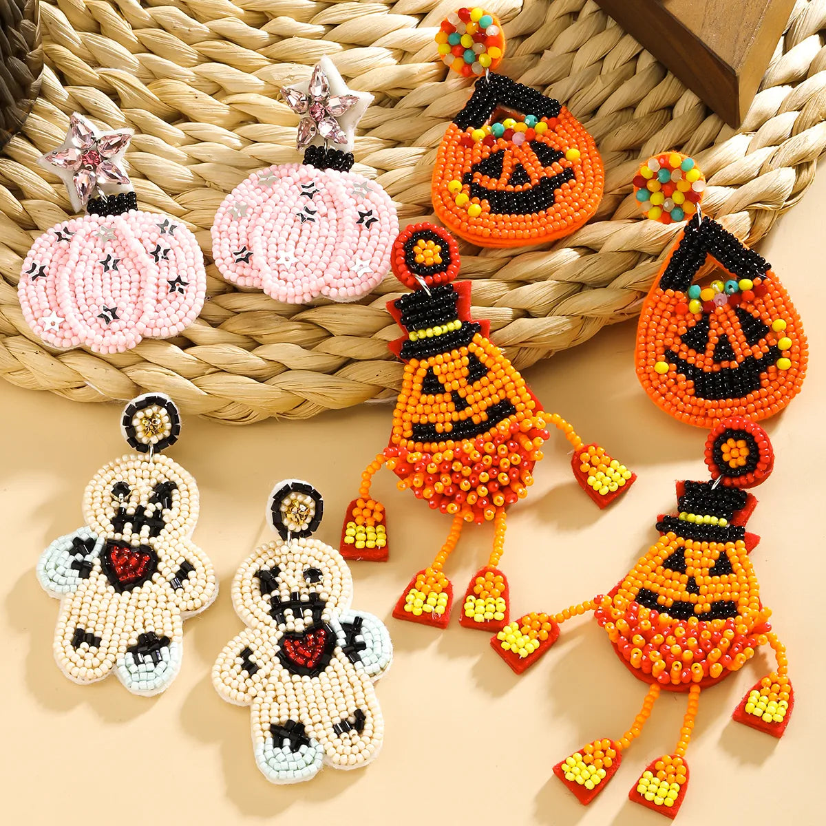 1 Pair Casual Funny Pumpkin Emoji Face Beaded Plastic Resin Drop Earrings