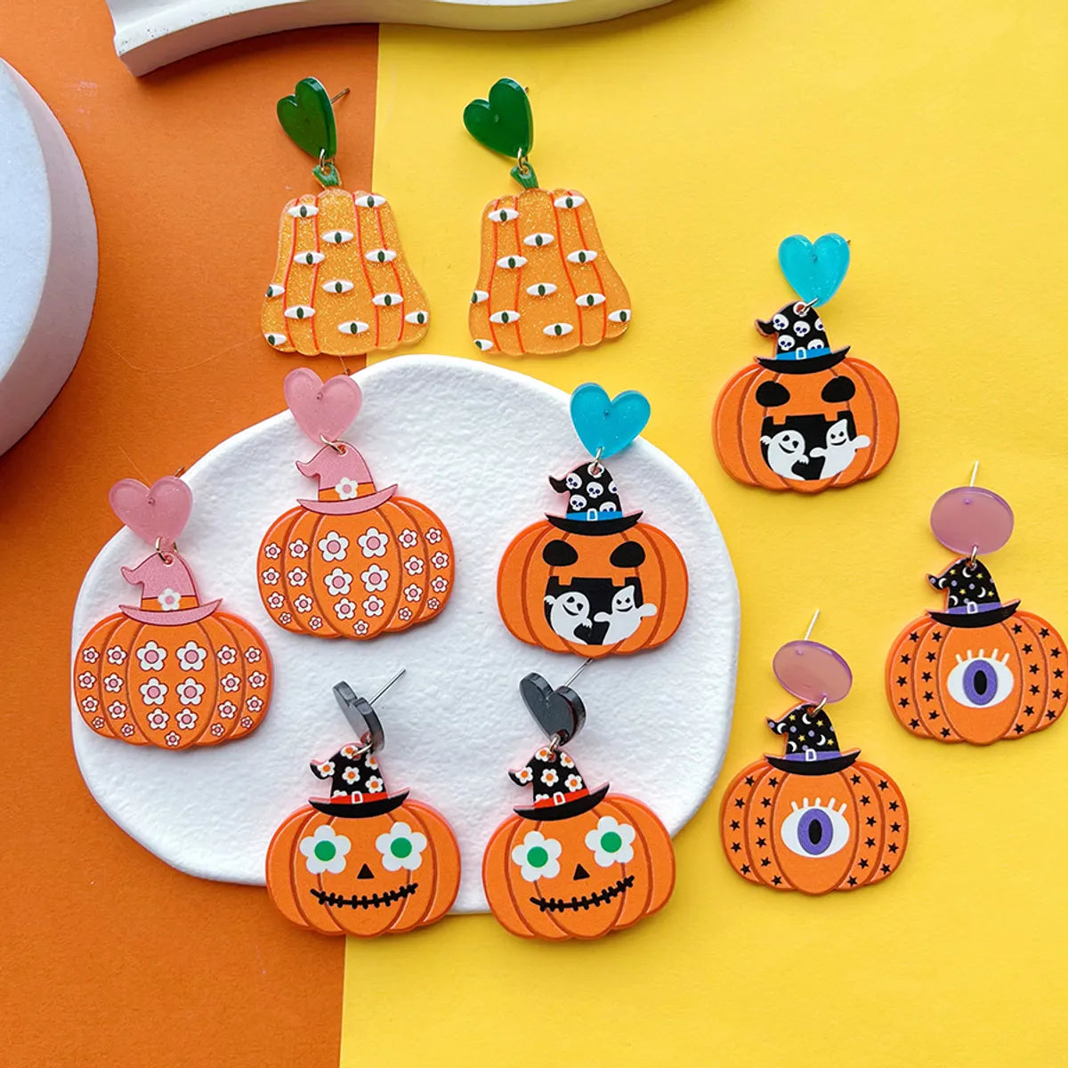 1 Pair Casual Funny Pumpkin Skull Ghost Printing Arylic Drop Earrings