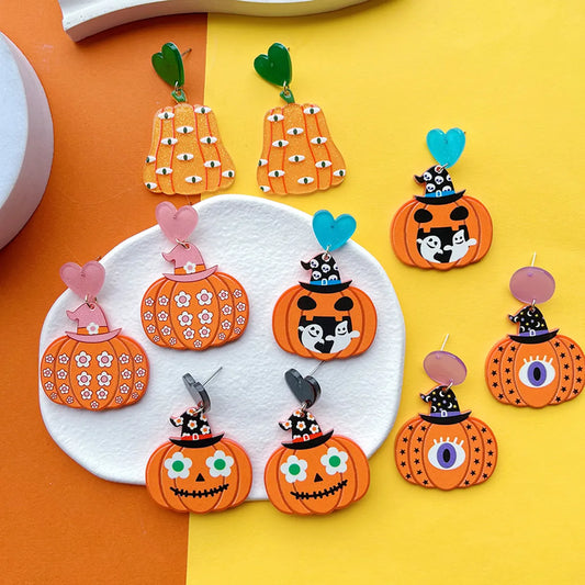 1 Pair Casual Funny Pumpkin Skull Ghost Printing Arylic Drop Earrings