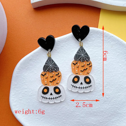 1 Pair Casual Funny Shiny Pumpkin Skull Ghost Printing Inlay Arylic Rhinestones Drop Earrings