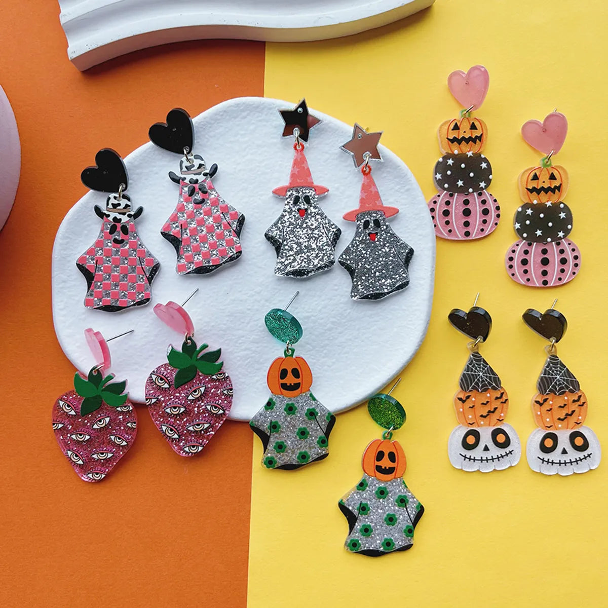 1 Pair Casual Funny Shiny Pumpkin Skull Ghost Printing Inlay Arylic Rhinestones Drop Earrings