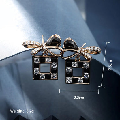 1 Pair Casual Glam Square Bow Knot Transparent Copper Alloy Artificial Gemstones 18k Gold Plated Drop Earrings