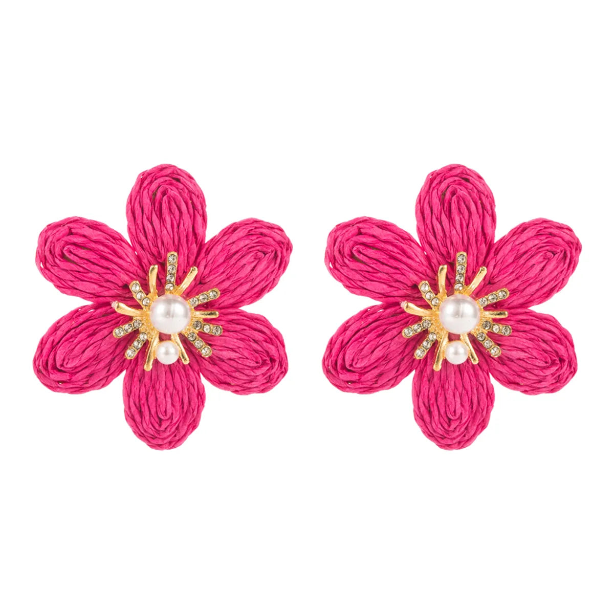 1 Pair Casual Hawaiian Beach Flower Braid Inlay Alloy Raffia Artificial Pearls Rhinestones 14K Gold Plated Ear Studs