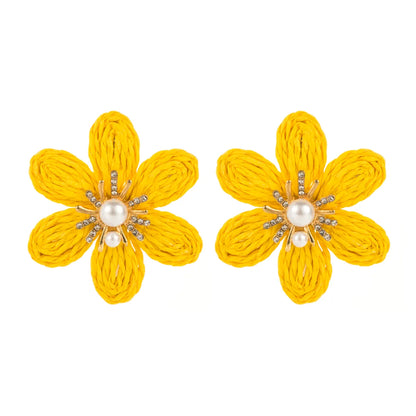 1 Pair Casual Hawaiian Beach Flower Braid Inlay Alloy Raffia Artificial Pearls Rhinestones 14K Gold Plated Ear Studs