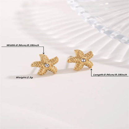 1 Pair Casual Hawaiian Tropical Starfish Inlay Titanium Steel Zircon Gold Plated Ear Studs