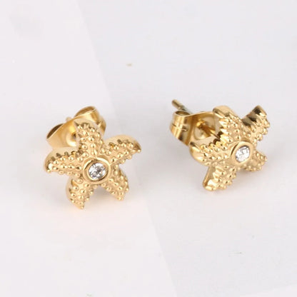 1 Pair Casual Hawaiian Tropical Starfish Inlay Titanium Steel Zircon Gold Plated Ear Studs