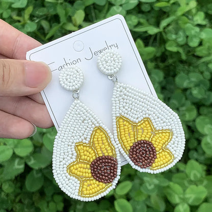 1 Pair Casual Hawaiian Tropical Sunflower Beaded Glass Drop Earrings