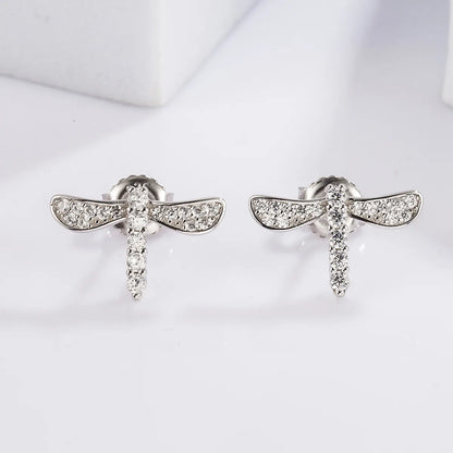 1 Pair Casual Heart Shape Dragonfly Butterfly Inlay Sterling Silver Zircon White Gold Plated Ear Studs