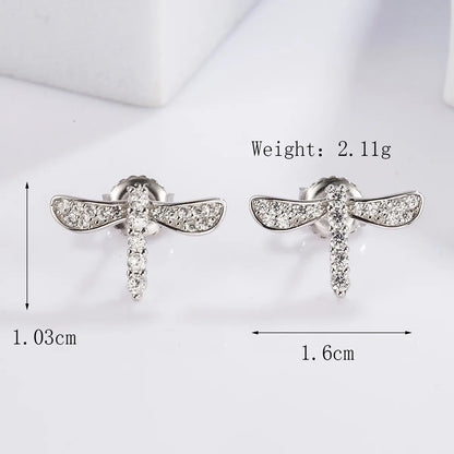 1 Pair Casual Heart Shape Dragonfly Butterfly Inlay Sterling Silver Zircon White Gold Plated Ear Studs