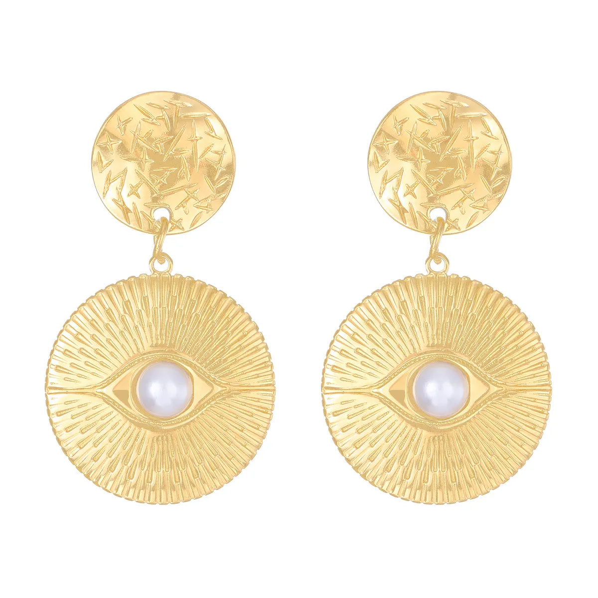 1 Pair Casual Hip-Hop Round Devil'S Eye Titanium Steel Artificial Pearls 18K Gold Plated Drop Earrings