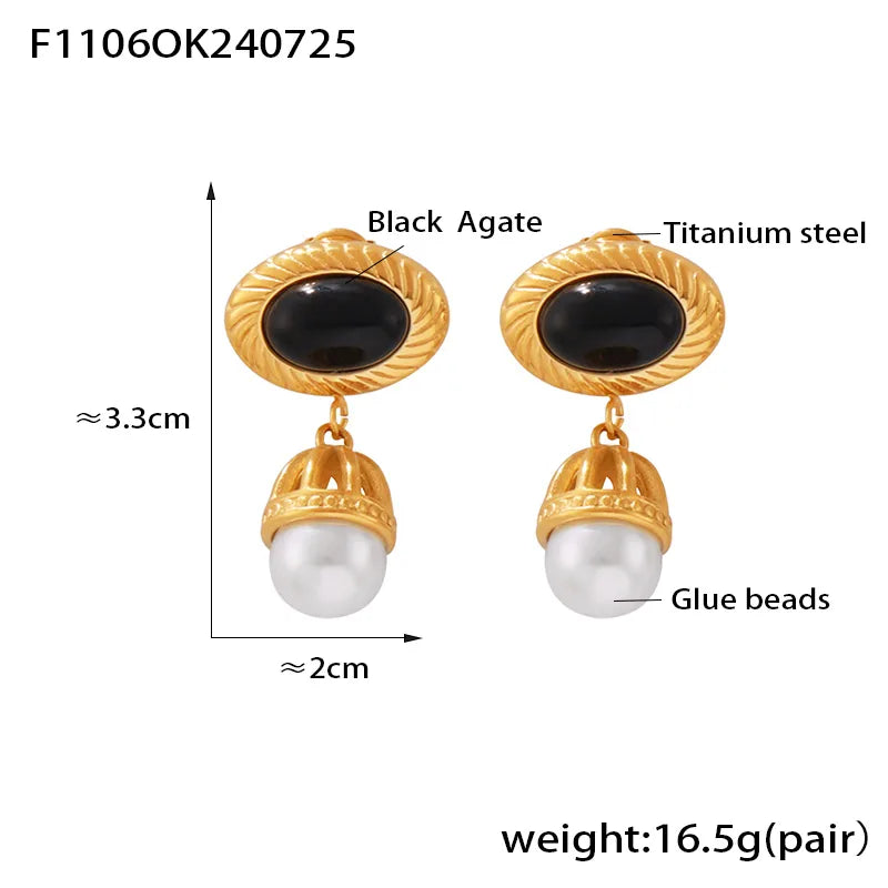 1 Pair Casual Luxurious Modern Style Oval Tassel Plating Agate Titanium Steel 18K Gold Plated Drop Earrings