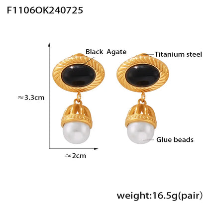 1 Pair Casual Luxurious Modern Style Oval Tassel Plating Agate Titanium Steel 18K Gold Plated Drop Earrings