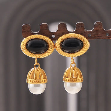 1 Pair Casual Luxurious Modern Style Oval Tassel Plating Agate Titanium Steel 18K Gold Plated Drop Earrings