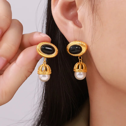 1 Pair Casual Luxurious Modern Style Oval Tassel Plating Agate Titanium Steel 18K Gold Plated Drop Earrings