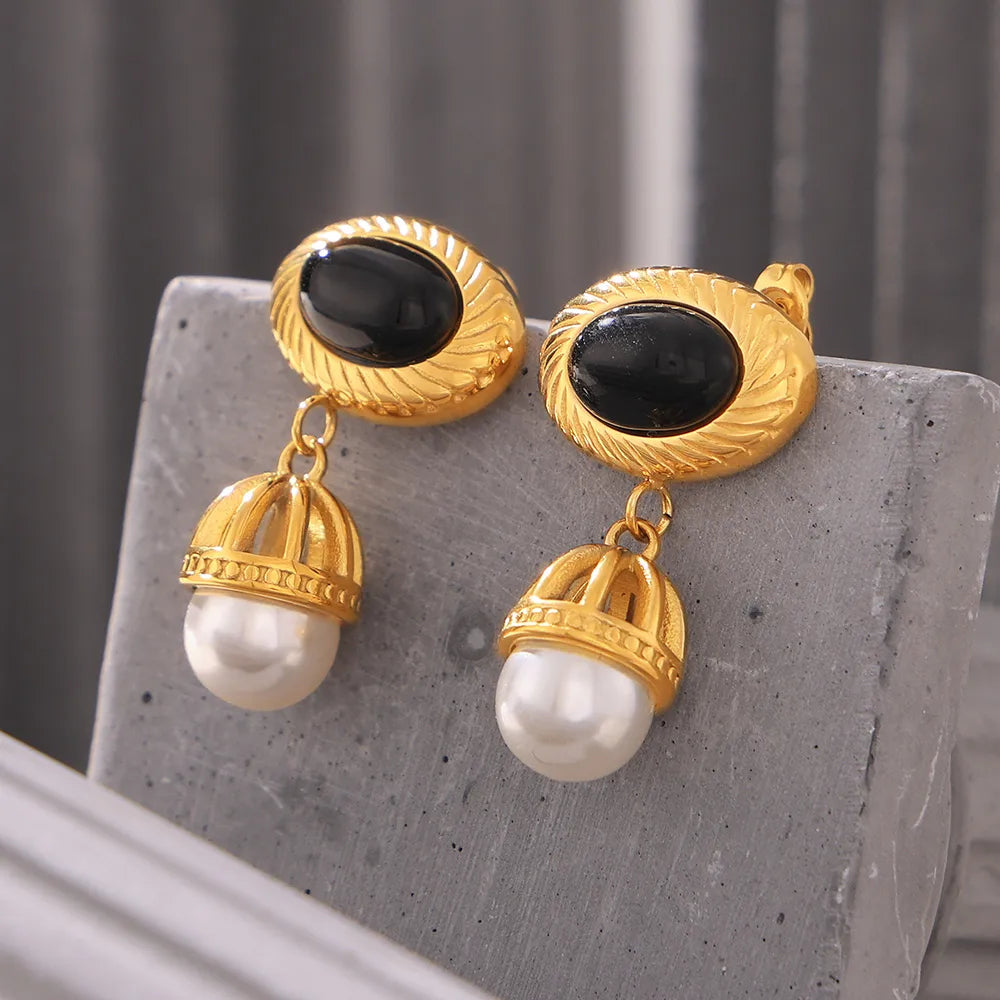 1 Pair Casual Luxurious Modern Style Oval Tassel Plating Agate Titanium Steel 18K Gold Plated Drop Earrings