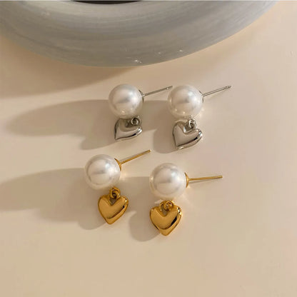 1 Pair Casual Modern Style Heart Shape Plating Inlay 304 Stainless Steel Artificial Pearls 16K Gold Plated White Gold Plated Gold Plated Drop Earrings