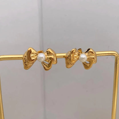 1 Pair Casual Modern Style Oval Bow Knot Inlay 304 Stainless Steel Pearl 16K Gold Plated White Gold Plated Gold Plated Ear Studs