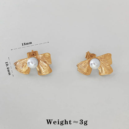 1 Pair Casual Modern Style Oval Bow Knot Inlay 304 Stainless Steel Pearl 16K Gold Plated White Gold Plated Gold Plated Ear Studs