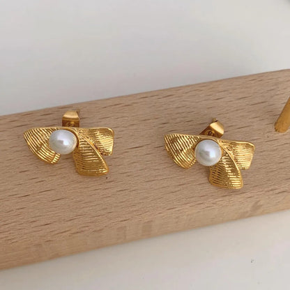 1 Pair Casual Modern Style Oval Bow Knot Inlay 304 Stainless Steel Pearl 16K Gold Plated White Gold Plated Gold Plated Ear Studs