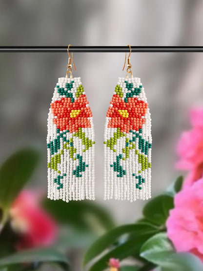 1 Pair Casual Pastoral Flower Beaded Handmade Tassel Seed Bead Drop Earrings