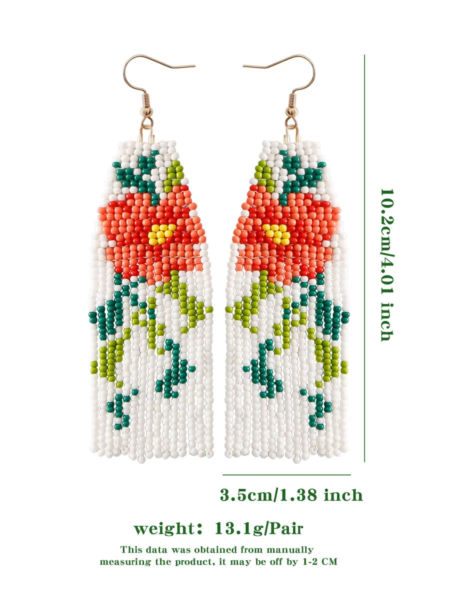 1 Pair Casual Pastoral Flower Beaded Handmade Tassel Seed Bead Drop Earrings