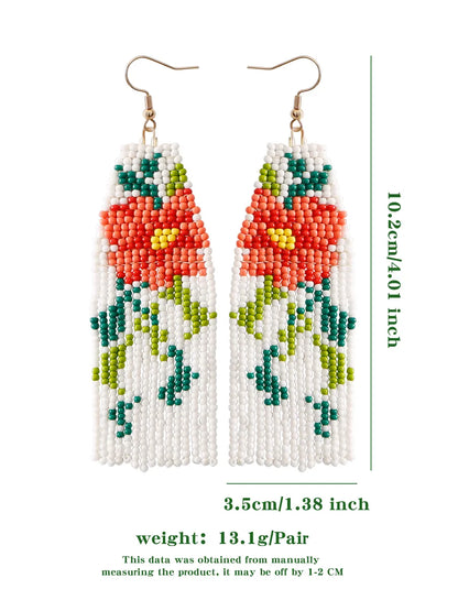 1 Pair Casual Pastoral Flower Beaded Handmade Tassel Seed Bead Drop Earrings