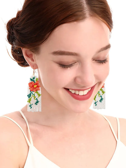 1 Pair Casual Pastoral Flower Beaded Handmade Tassel Seed Bead Drop Earrings