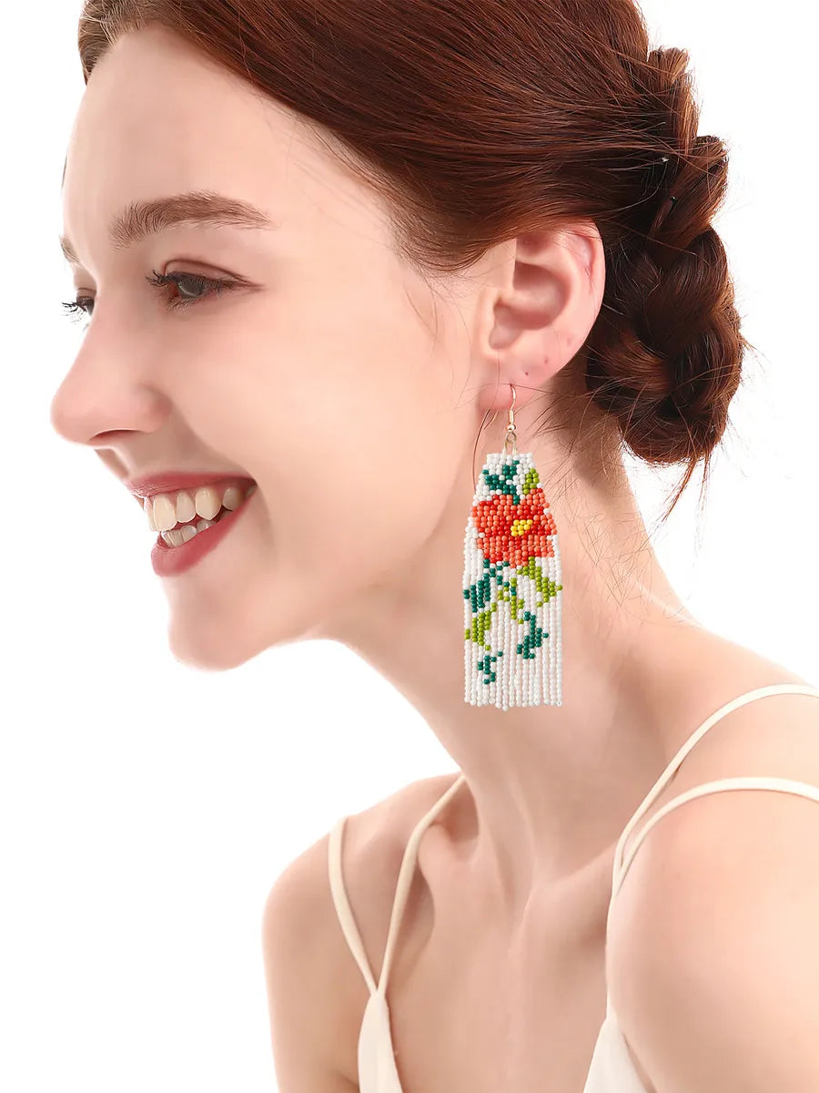 1 Pair Casual Pastoral Flower Beaded Handmade Tassel Seed Bead Drop Earrings