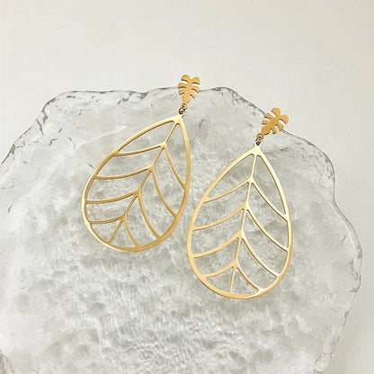 1 Pair Casual Pastoral Simple Style Leaves Plating Hollow Out Stainless Steel Gold Plated Drop Earrings