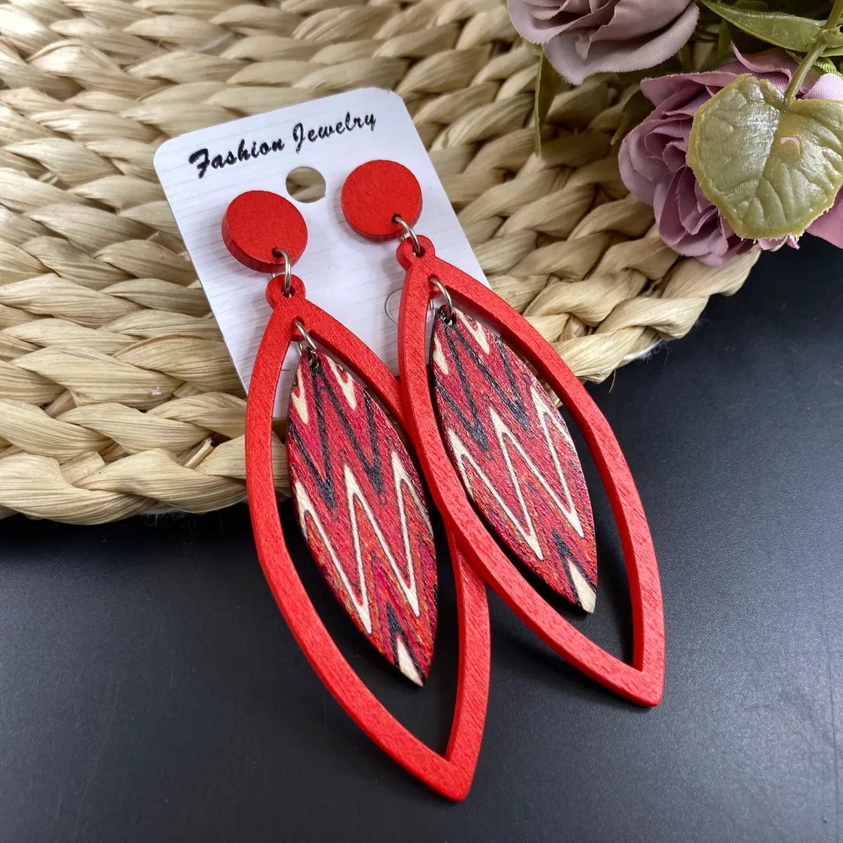 1 Pair Casual Retro Beach Leaf Waves Stoving Varnish Wood Drop Earrings