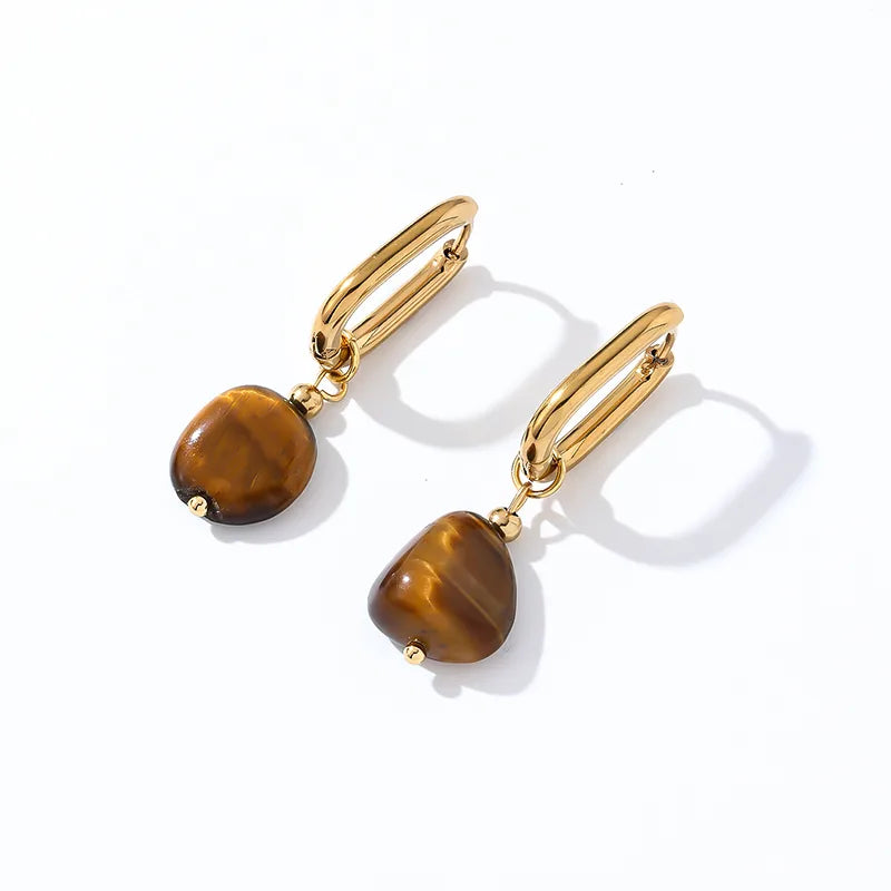 1 Pair Casual Retro French Style Oval Plating 304 Stainless Steel Natural Stone Gold Plated Drop Earrings