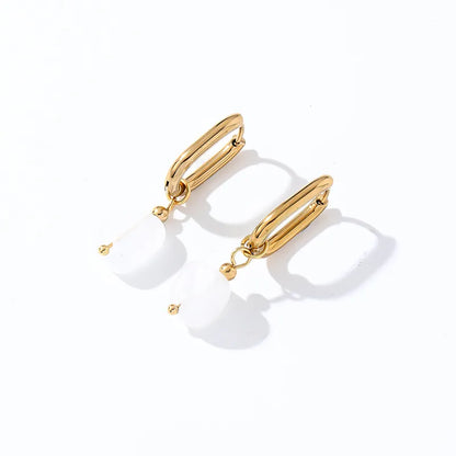 1 Pair Casual Retro French Style Oval Plating 304 Stainless Steel Natural Stone Gold Plated Drop Earrings