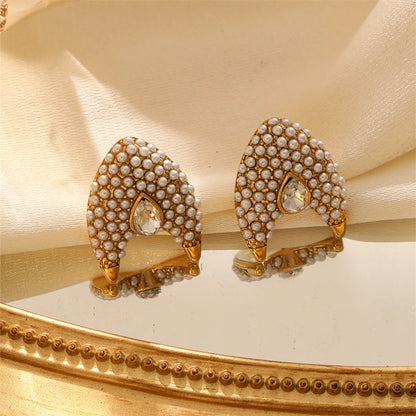 1 Pair Casual Retro Geometric Heart Shape Inlay Titanium Steel Artificial Pearls Ear Studs