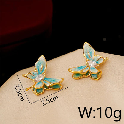 1 Pair Casual Retro Simple Style Butterfly Enamel Plating Copper Zircon 18K Gold Plated Ear Studs