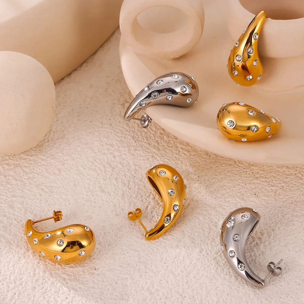 1 Pair Casual Retro Simple Style Water Droplets Plating Inlay 304 Stainless Steel Rhinestone Rhinestones 18K Gold Plated Ear Studs