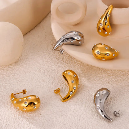 1 Pair Casual Retro Simple Style Water Droplets Plating Inlay 304 Stainless Steel Rhinestone Rhinestones 18K Gold Plated Ear Studs