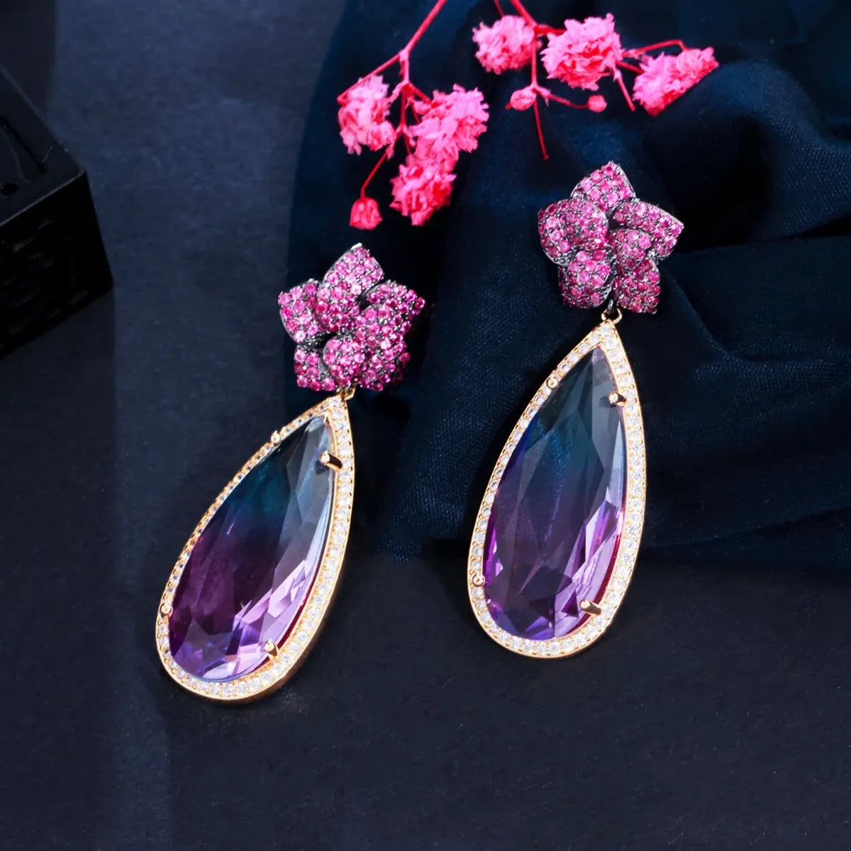 1 Pair Casual Romantic Water Droplets Plating Inlay Copper Zircon Rhodium Plated Silver Plated Drop Earrings