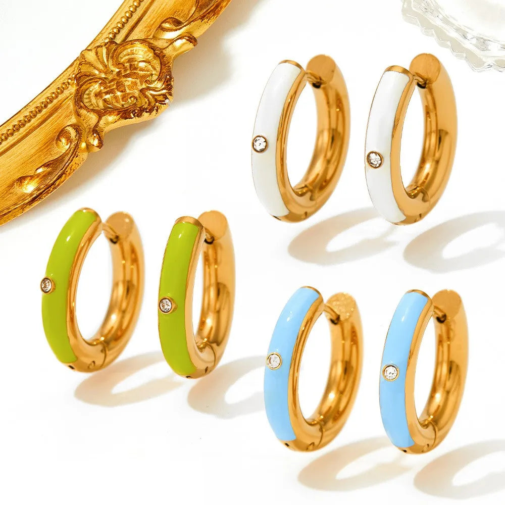 1 Pair Casual Round Enamel Inlay 304 Stainless Steel Zircon 16K Gold Plated White Gold Plated Gold Plated Earrings