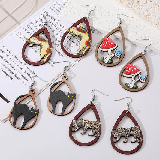 1 Pair Casual Simple Style Animal Water Droplets Mushroom Wood Drop Earrings